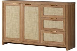 OAKHAM HOME Kitchen Storage Cabinets, Buffet Cabinet with Storage Rattan Sideboard Cabinet Organizer 3 Drawers and 2 Doors Accent Console Table for Kitchen Hallway Living Room bar (Weathered Oak)