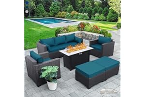 RATTANER Outdoor Patio Furniture 60000 BTU Outdoor Propane Fire Pit Table Patio Furniture Set 45 In Outdoor Fire Pits 6 Pieces Patio Sofa Outdoor Chairs Anti-slip Cushions Waterproof Covers, Peacock Blue