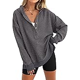 PRETTYGARDEN Womens Fashion 2026 Oversized Long Sleeve Hoodie Button Down V Neck Sweatshirt Side Slit Casual Pullover Tops