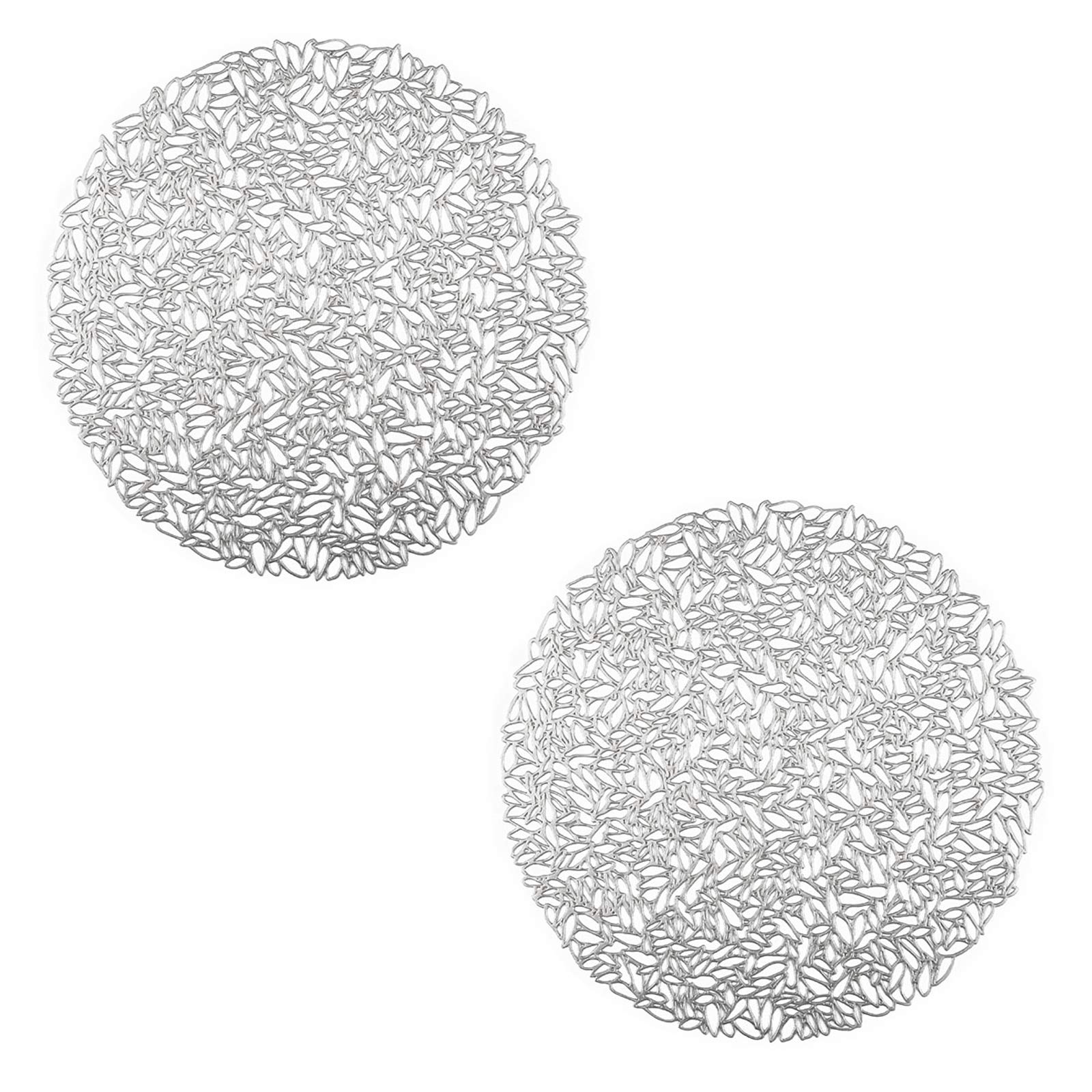 Splendid 2PCS Round Placemats, Heat Insulation Placemat, Round Broken leaf pattern Hollow PVC Placemat, for Insulation of Dinner Plates, Table Decorations (Silver)