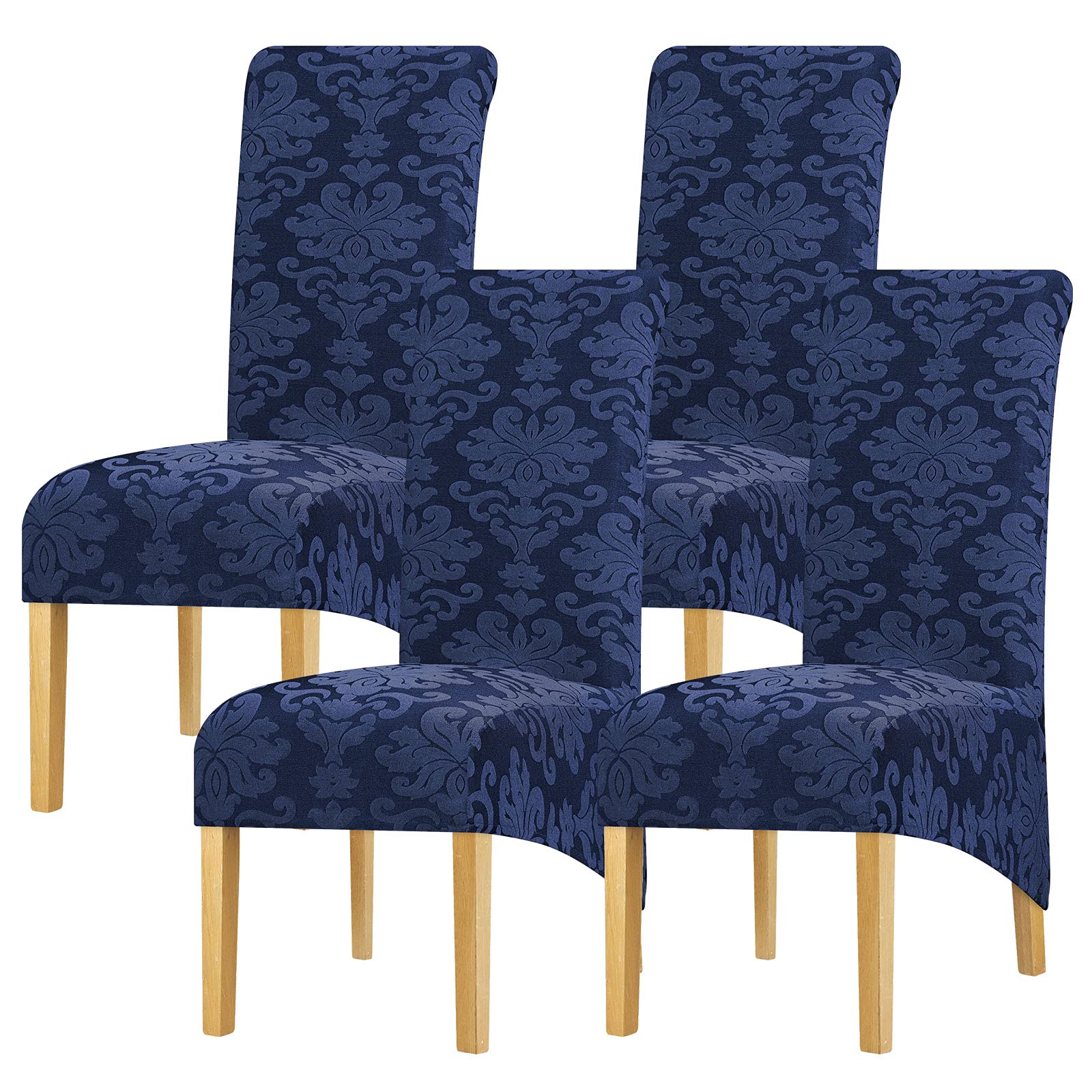 Leorate High Back Dining Chair Covers Stretch Knitted jacquard Chair Slipcovers Large Thick Chair Protector for Kitchen Room Party Banquet Hotel Home Decor (Pack of 4, A-Navy)
