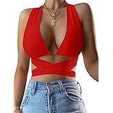 Kaximil Women's Sexy Sleeveless Halter Criss Cross Cami Lace Up Self Tie Tank Crop Tops