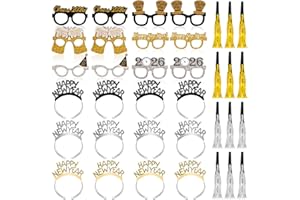 PADELO 36 Pcs New Years Eve Party Supplies 2026 - New Years Decorations Set, Silver Gold Black Happy New Year Headband Tiara Glasses Noise Makers Bulk for Adults Kids New Year's Gifts Party Favors Decor