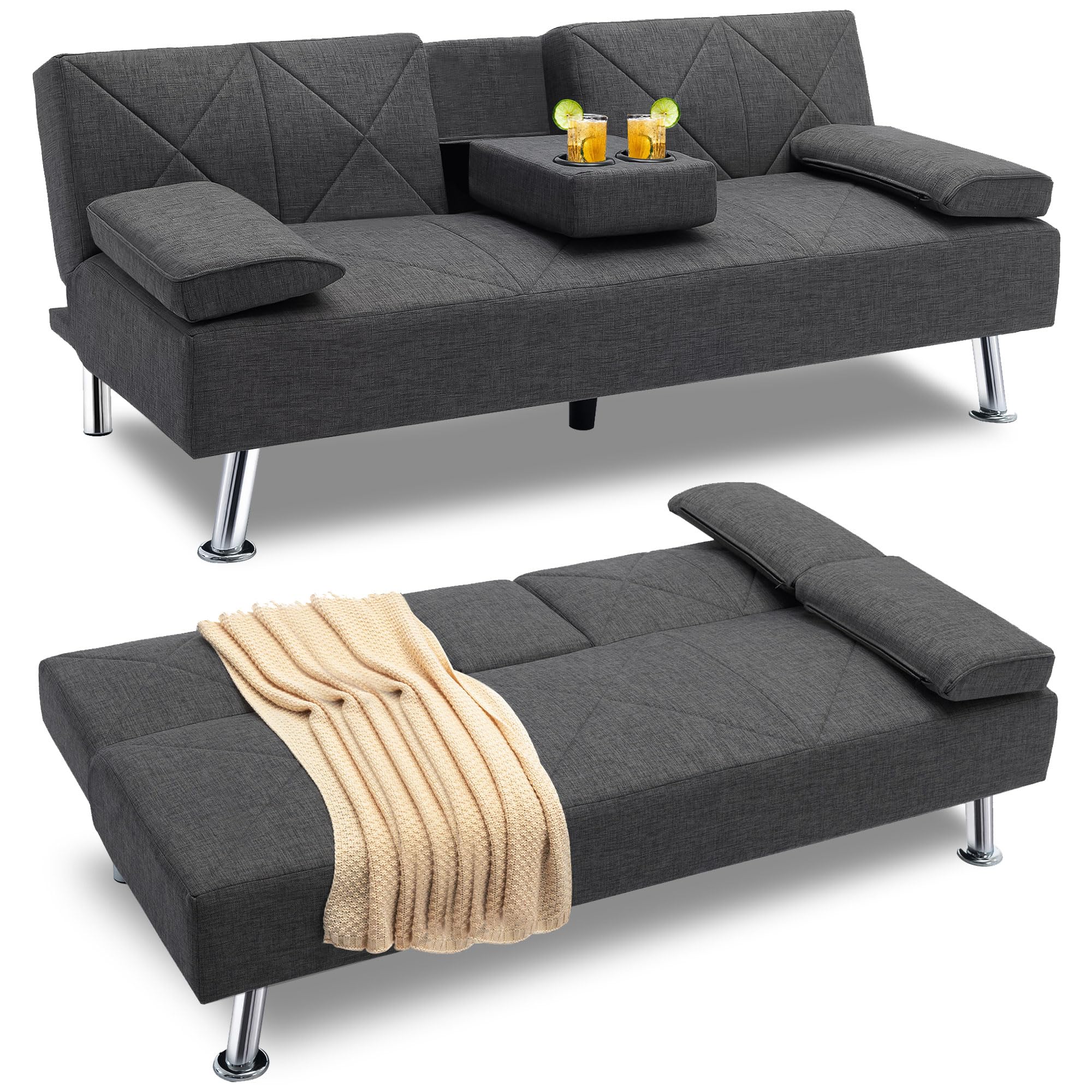 Photo 1 of VECELO Modern Convertible Folding Futon Sofa Bed with Removable Armrests Breathable Linen Recliner Couch for Living Room/Apartment Lounge, 2 Cup Holders