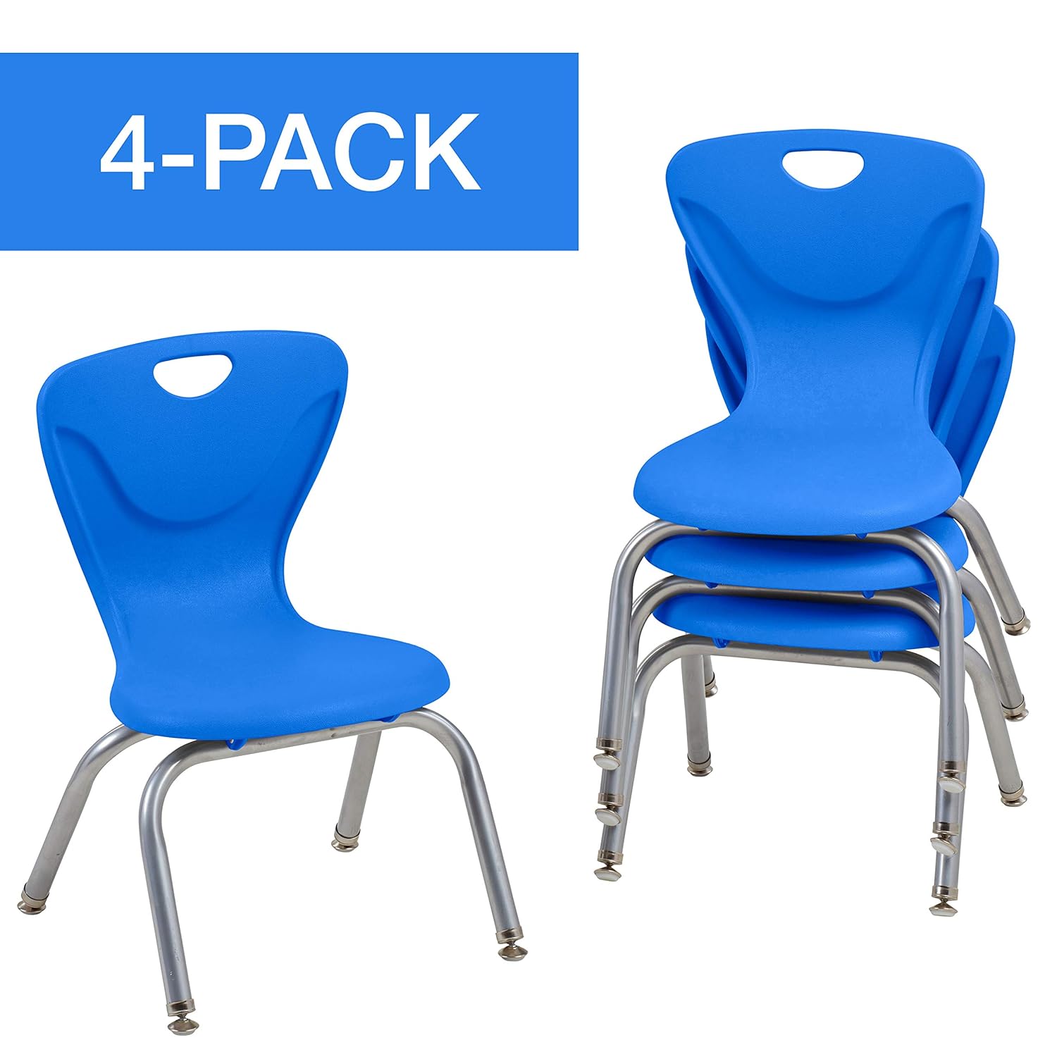 Factory Direct Partners 12" Contour School Stacking Student Chair, Ergonomic Molded Seat Shell with Chromed Steel Frame and Swivel Leg Glides; for in-Home Learning or Classroom - Blue (4-Pack)