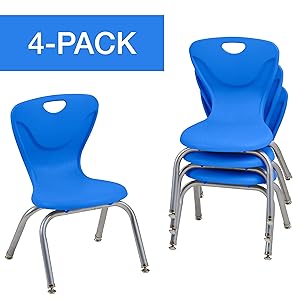 Factory Direct Partners 12" Contour School Stacking Student Chair, Ergonomic Molded Seat Shell with Chromed Steel Frame and Swivel Leg Glides; for in-Home Learning or Classroom - Blue (4-Pack)