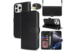 Jaorty Phone Case for iPhone 16 Pro Max with Card Holder,Wallet Case for iPhone 16 Pro Max with Crossbody Shoulder Strap for Women,Anti-Lost Magnetic Flip Cover Purse,6.9",Smooth Black