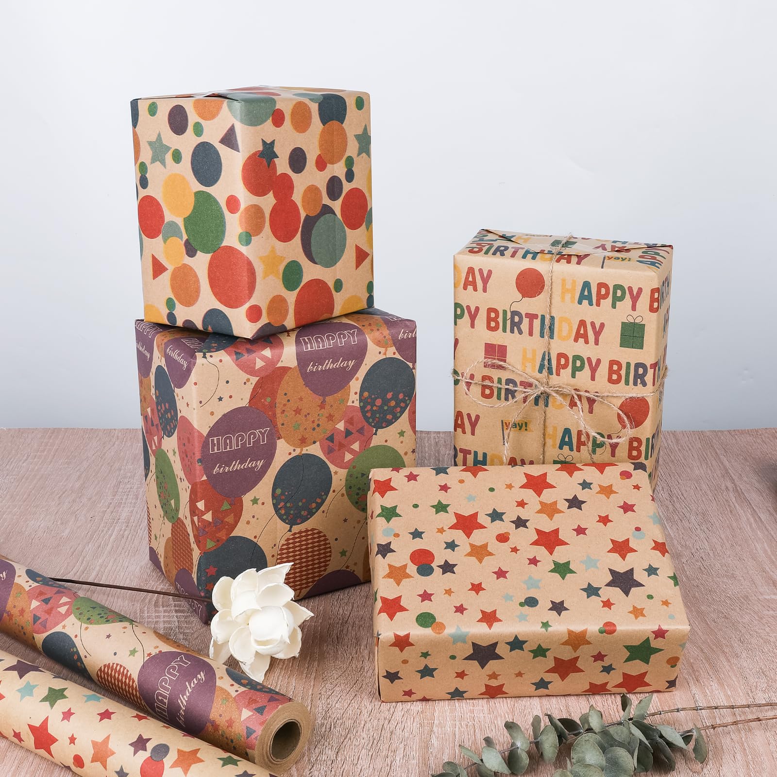 NESCCI Birthday Wrapping Paper,Gift Wrapping Paper Roll,Kraft Wrapping Paper-17 inch X 32.8 Feet Per roll,Colorful Happy Birthday Pattern For Boys Girls, Perfect For Birthdays Party, Baby Shower