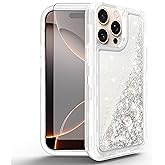 Asuwish Phone Case Compatible with iPhone 16 Pro Max 6.9 inch Screen Protector Bling Liquid Glitter Clear Hybrid Military Grade Protective Cell Cover i Phone16 16Pro i16 ProMax 16ProMax Girls Silver