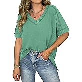 VOROFY Women's Textured Oversized T Shirts Short Sleeve Summer Ribbed V Neck Tunic Tops Loose Blouses