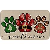 Moutina Welcome Dog Paw Santa Belt Christmas Door Mat 17x29 Inch, Xmas Seasonal Winter Holiday Low-Profile Rug Christmas Door