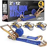 US Cargo Control Wire Hook Ratchet Straps 2 Inch x 12 Foot (4-Pack), 10,000 LBS Break Strength, Blue 2 Inch Ratchet Straps Heavy Duty with J Hooks, Heavy Duty Tie Downs for Trailers and Trucks