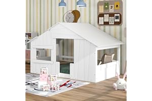 CITYLIGHT Twin House Bed for Kids, House Bed Frame with Roof, Window and Guardrail,Wooden Kids Floor Bed for Girls, Boys,No Box Spring Needed,White