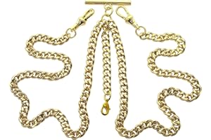 WATCHVSHOP Double Albert Chain Gold Color Pocket Watch Chain for Men with T Bar Swivel Clasps and Fob Drops with Small Lobster Clasp AC01
