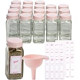Paris Hilton Glass Spice Jar Storage Set, 4-Ounce Empty Spice Jars with Labels, Shaker Caps and Metal Lids, Collapsible Funnel Included, 20-Piece, Pink