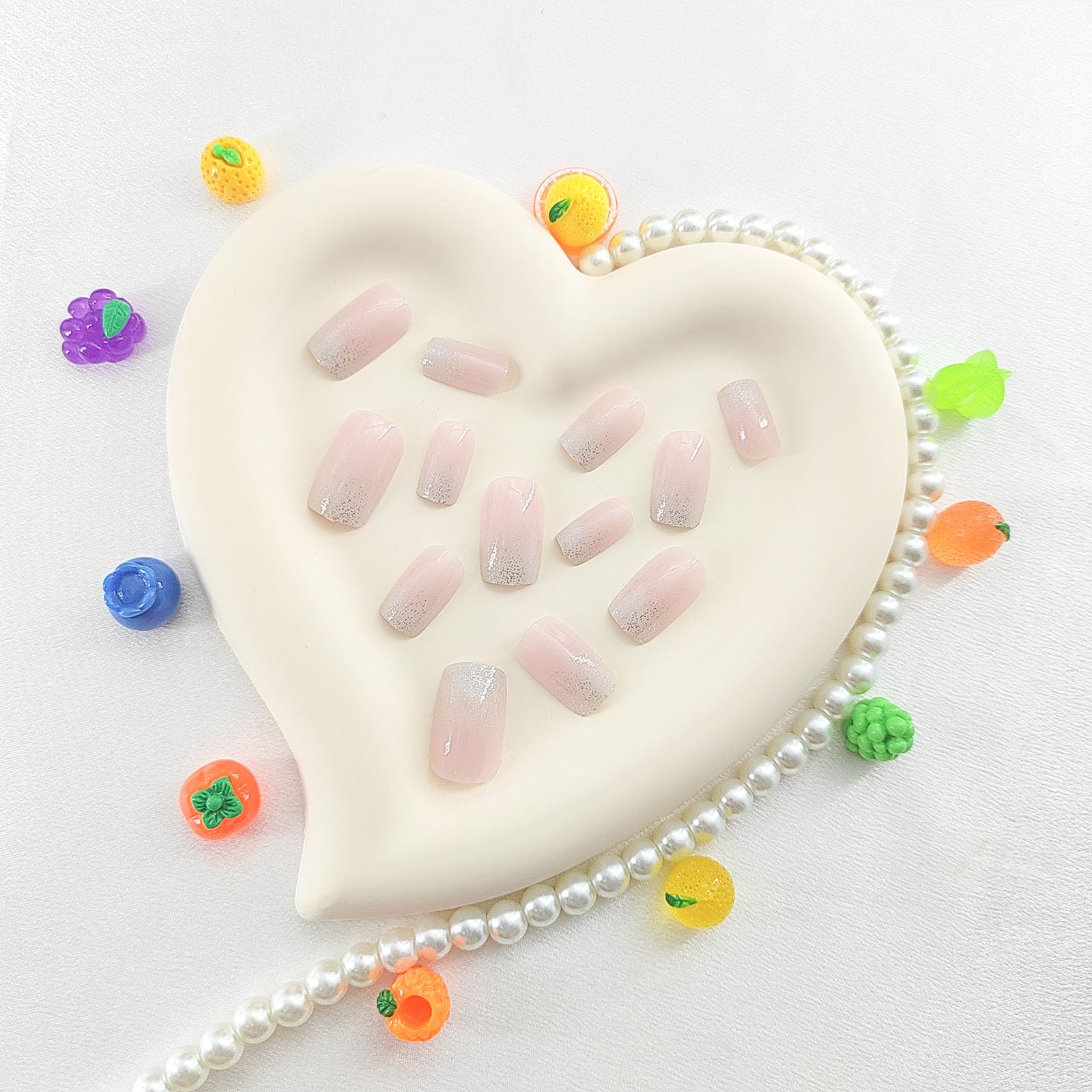 Medium Press on Nails Square White Gradient Fake Nails with Silver Glitter Design Glue on Nails Light Pink Full Cover False Nails Glossy Nails Press ons Artificial Stick on Nails for Women 24Pcs - Image 3