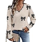 Dokotoo Women's Fall Sweaters 2025 Long Sleeve V Neck Casual Tops Ribbed Knit Comfy Fuzzy Pullover Floral Sweater