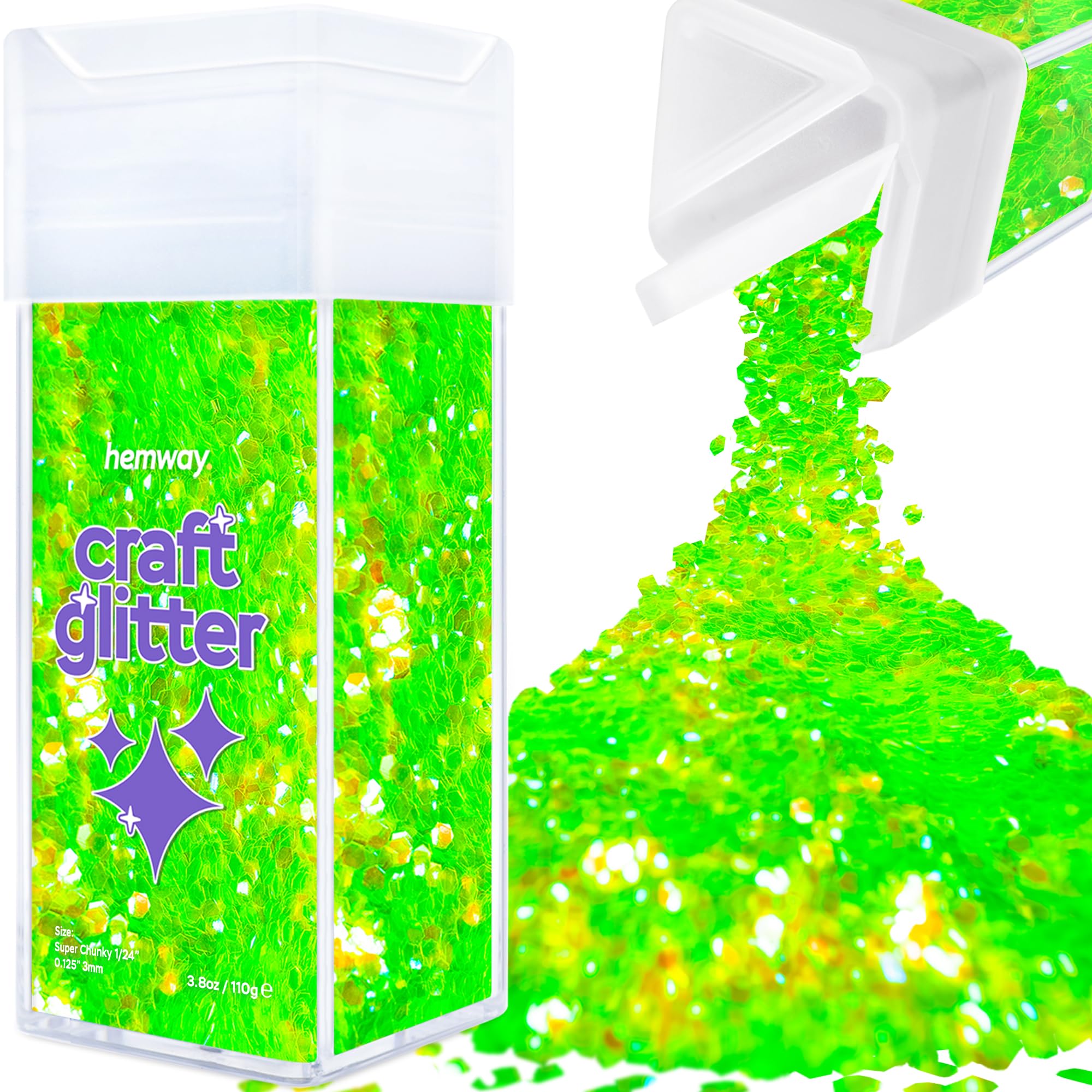 Hemway Glitter Shaker Fluorescent Green 110g Super Chunky, Craft Glitter Shaker for Resin & Epoxy Crafts, Christmas Art Supplies, Nail, Body, Face, Eye, Festival, Crafting, Slime, Sparkle — image 1