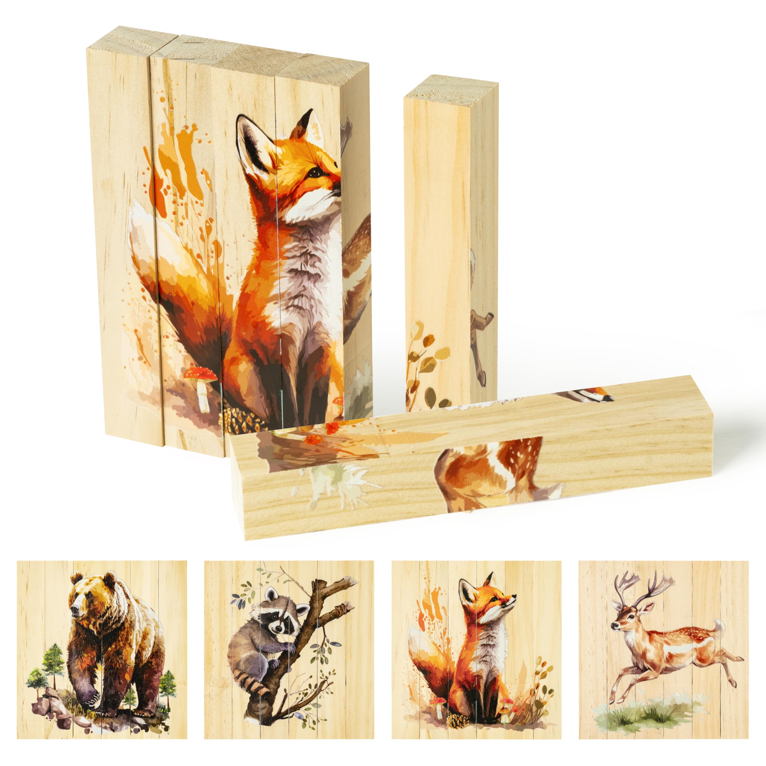 E1mity Wooden Chunky Jigsaw Puzzle - 6 Blocks Create 4 Realistic Woodland Animals, Montessori Wooden Cube Block Sensory Toys for Toddlers Educational Stacking Matching Game Boys Girls Birthday Gift