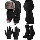 Chicingyou 4 Pcs Winter Trapper Hat Scarf Gloves Sock Set for Men Warm Fur Soft Ushanka Hat with Adjustable Earflap Face Mask
