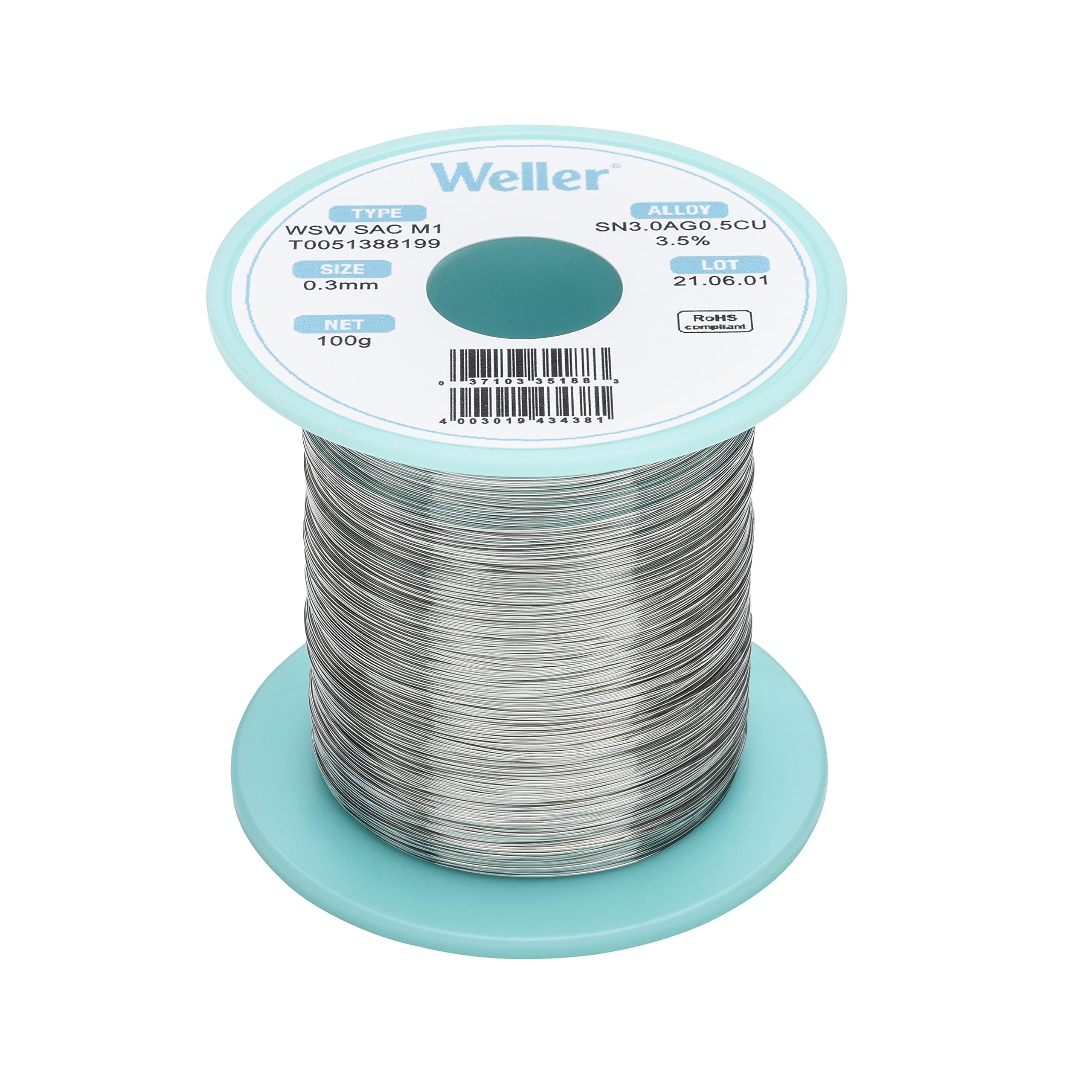 Weller WSW SAC M1 (T0051388199) Lead Free Solder Wire, Ø 0.3mm, Alloy Sn96.5Ag3.0Cu0.5, Flux Content 3.5%, 100g, Silver