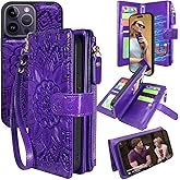 Harryshell Compatible with iPhone 14 Pro Max 6.7 inch 5G 2022 Wallet Case Detachable Magnetic Cover Zipper Cash Pocket Multi Card Slots Holder Wrist Strap Lanyard (Floral Purple)