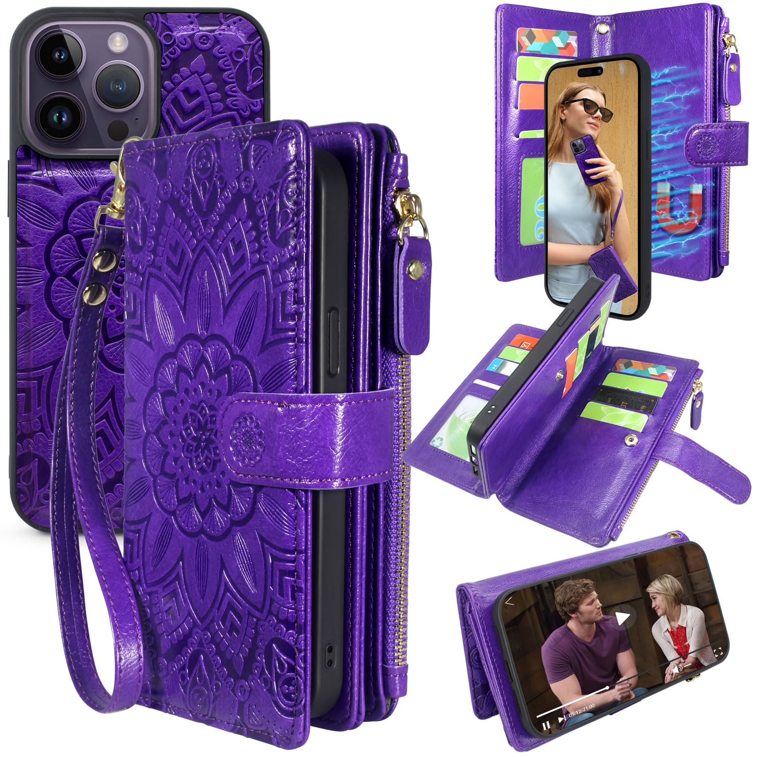 Photo 1 of Harryshell Compatible with iPhone 14 Pro Max 6.7 inch 5G 2022 Wallet Case Detachable Magnetic Cover Zipper Cash Pocket Multi Card Slots Holder Wrist Strap Lanyard (Floral Purple)
