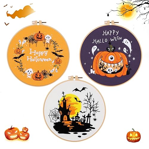 3 Pack Halloween Beginners Embroidery Kit Halloween Pumpkin Ghosts Embroidery Kits for Adults Craft Cross Stitch Embroidery Starter Kit with Pattern and Instructions Stitch and Learn Embroidery Kit