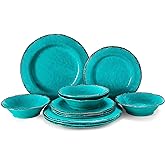 LEHAHA 12 Piece Vintage Melamine Dinnerware Sets, Farmhouse Plates and Bowl | 4 Dinner Plates, 4 Salad Plates and 4 Bowls Service for 4, Unbreakable Dishes Set Suitable for Indoor and Outdoor Use, Teal
