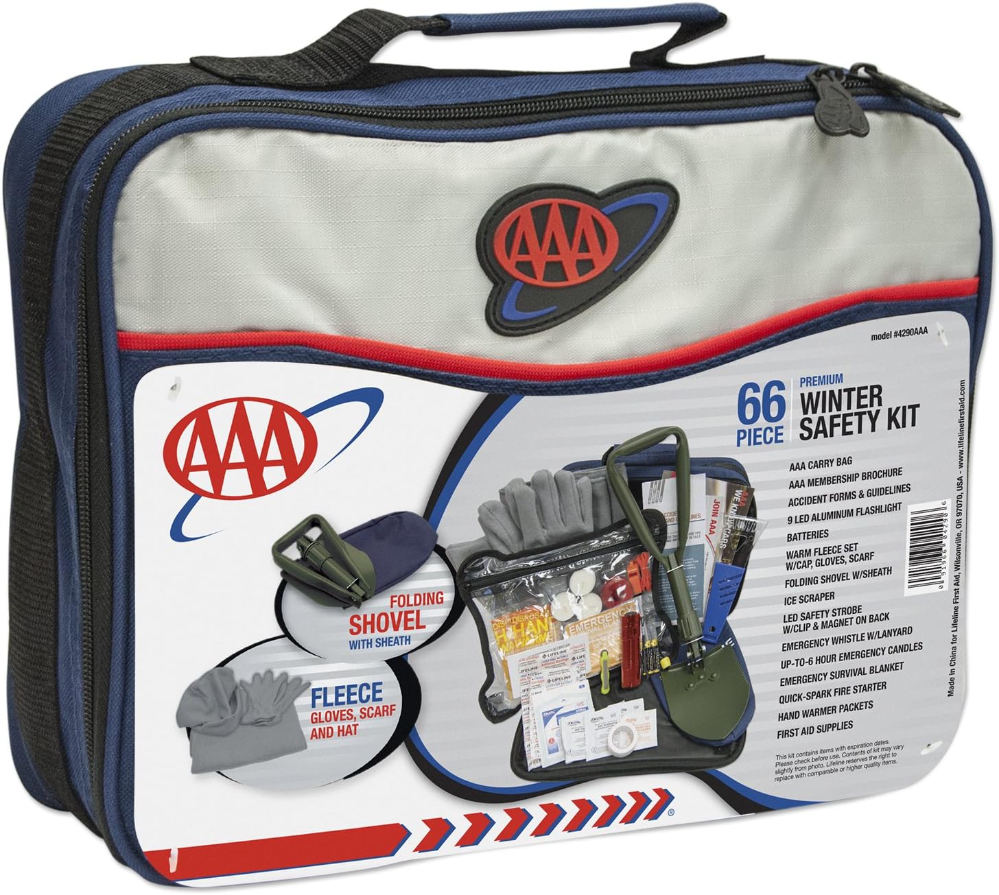 Lifeline AAA Severe Weather Emergency Road Safety Kit - 66 Pieces - Featuring Emergency Folding Shovel, Fleece Set, Fire Starter, Flashlight and More: Automotive