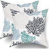 Sweetshow Summer Coastal Throw Pillow Covers Set of 2 Farmhouse Coral Branch Ocean Themed Pillowcase Soft Cotton Square Cushion Covers for Home Couch Sofa Patio Bedroom 18X18 Inches