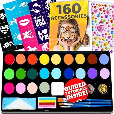 Blue Squid 28 Colour Face Painting Kit Kids 160pc Stencils Glitter