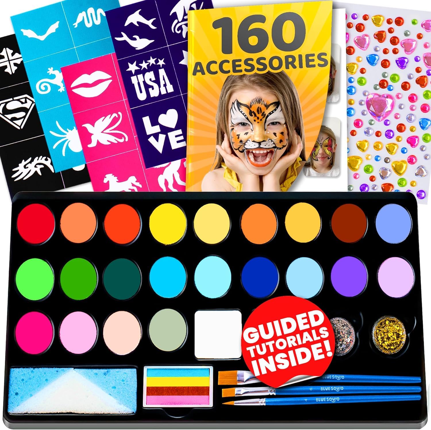 28 Colour Face Painting Kit for Kids - Blue Squid Face Paint Kit Palette with 160pc accessories - Stencils, Water Activated Non Toxic Washable Professional Facepaint body set Halloween Party Makeup
