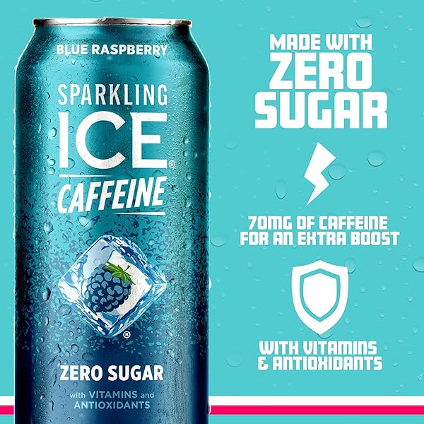 SPARKLING ICE CAFFEINE, BLUE RASPBERRY SPARKLING WATER WITH CAFFEINE, ZERO SUGAR, WITH ANTIOXIDANTS AND VITAMINS,16 FL OZ CAN