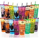 VoziSpace Halloween Decorations Color Changing Reusable Cups with Lids and Straws - 16 Pack 24 oz Plastic Tumblers Bulk with Lids and Straws - Reusable for Party Cups