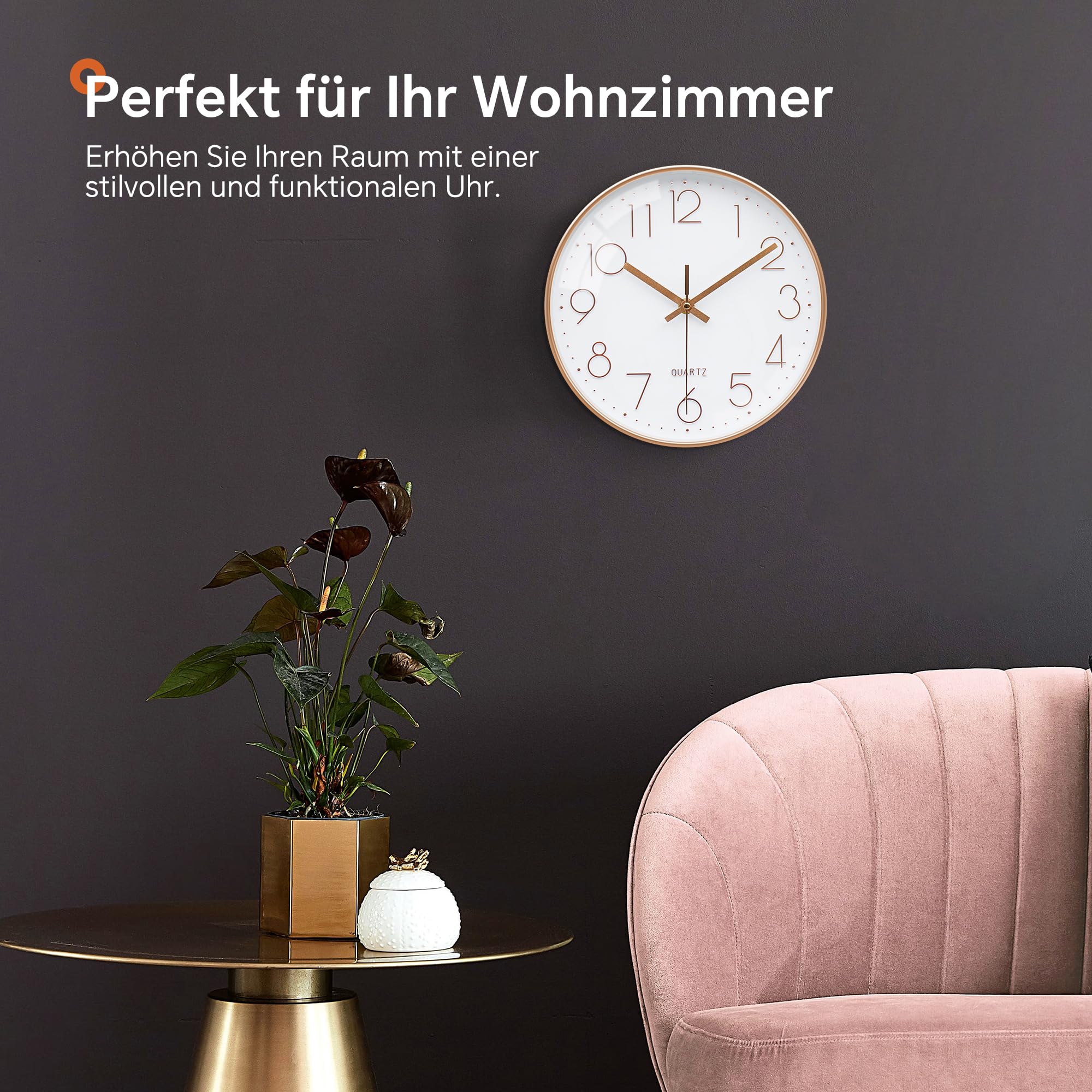 VIKMARI Modern Wanduhr Rund Roségold Geräuschlos Batteriebetrieben Glas Wanduhr für Wohnzimmer Schlafzimmer Büro Küche, 25cm 6