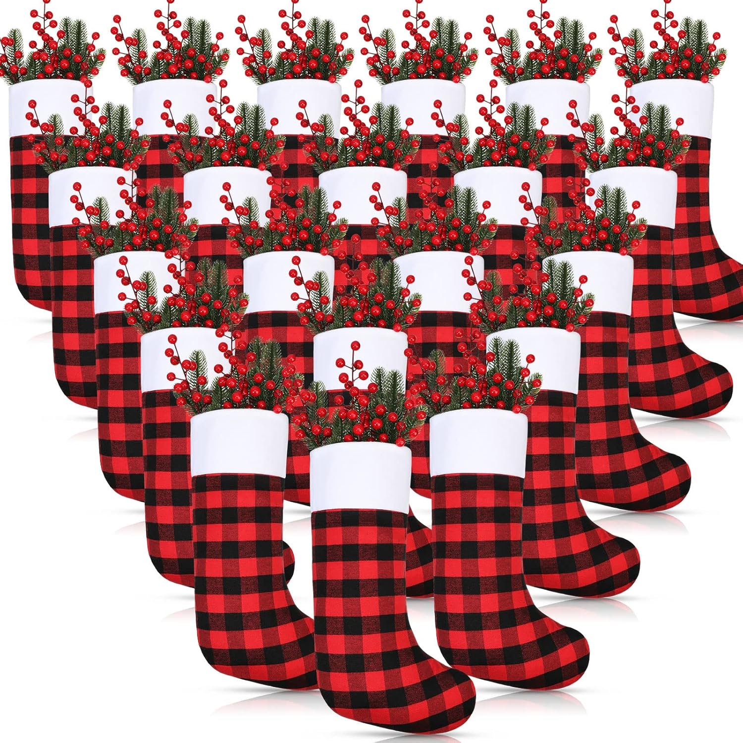 Stockings & Holders - 30 Pieces Christmas Stockings Buffalo Checkered Stockings with Plush Cuff Fireplace Hanging Stockings for Family Xmas Decoration Holiday Season Party (Red and Black, White Cuff,18 Inch)