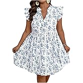 SOLY HUX Women's Plus Size Floral Dress Notched V Neck Cap Sleeve Ruffle Hem Babydoll Flowy Summer Short Dresses