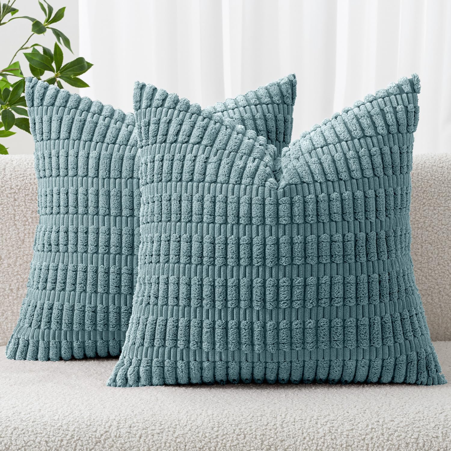 Photo 1 of MIULEE Pack of 2 Corduroy Decorative Throw Pillow Covers 20x20 Inch Soft Boho Striped Pillow Covers Modern Farmhouse Home Decor for Summer Coastal Sofa Living Room Couch Bed Coastal Blue