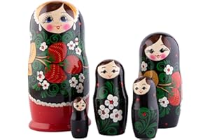 Heka Naturals Hohloma Nesting Dolls | All Natural Wooden Matryoshka Doll Set of 5 (6.7 Inch) - Traditional Babushka Home Decor, Wooden Stacking Dolls, Vintage Handmade Shape