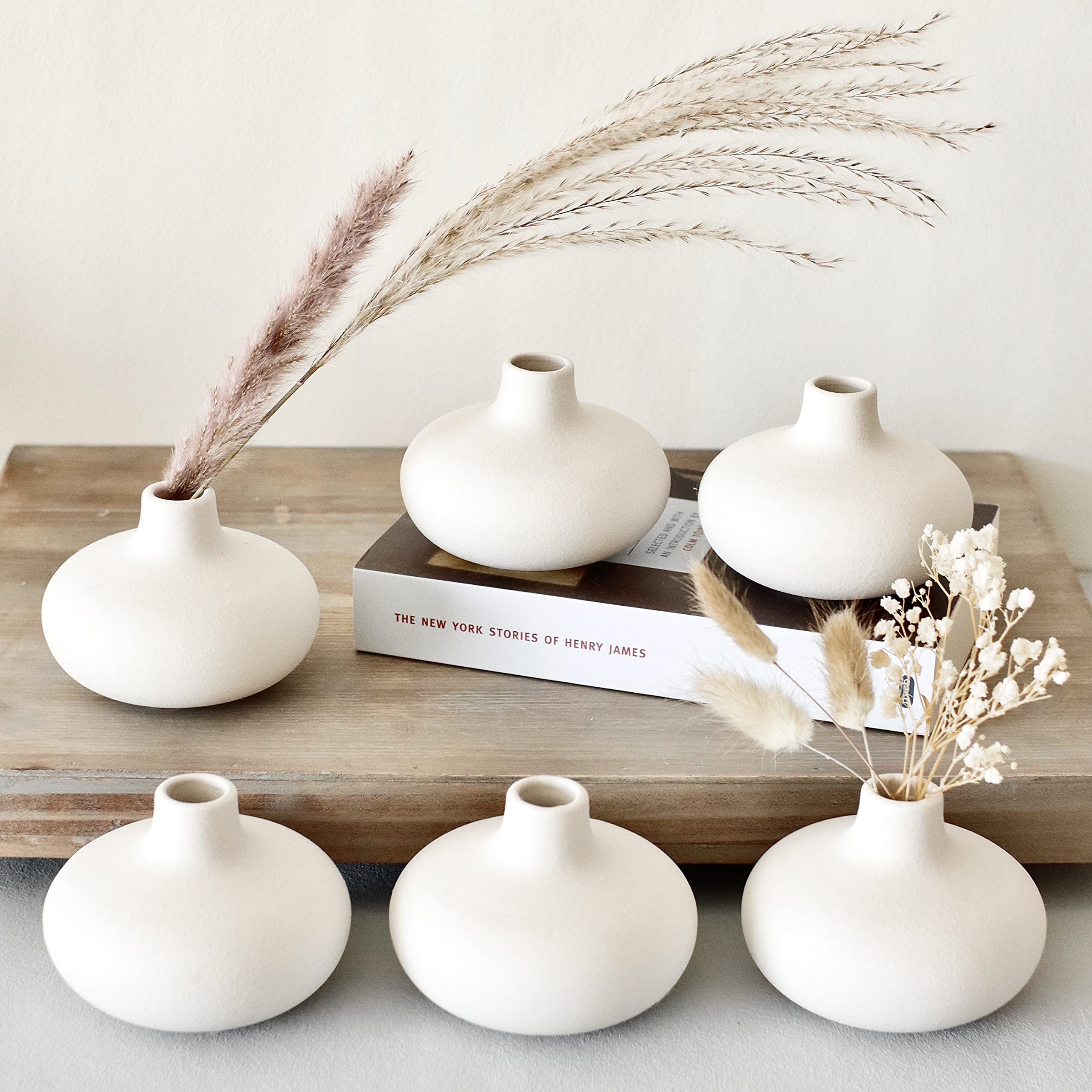 Photo 1 of Carrot's Den - Set of 6 Nordic Minimalist White Ceramic Donut Bud Vases for Decor | Modern Boho Vases for Dry Flowers + House Plants | Wedding, Bookshelf, Home Decor, Coffee Table, Centerpiece (White)