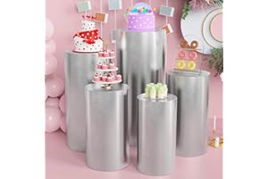 Anmakou Spandex Cylinder Pedestal Covers Silver Set of 5 Cylinder Plinth Stand Cover for Parties Wedding Pillars Baby Shower Dessert Tables Birthday Party Event Decor