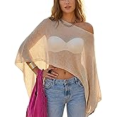 WeciBor Women's Sheer Poncho Tops Y2K Sparkly Knit Bolero Sweater Cover Up Beachwear for Beach Clothing