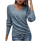 SOLY HUX Women's V Neck Long Sleeve Off Shoulder Sweaters Criss Cross Wrap Ruched Pullover Fall Tops