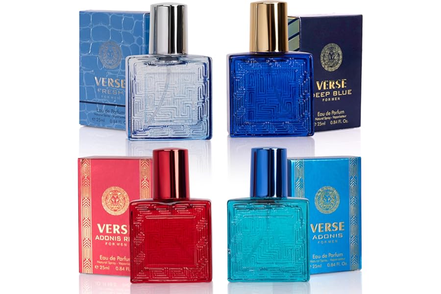 NovoGlow Verse Mini 4-Piece Fragrance Gift Set for Men – Aromatic, Floral, Oriental & Woody Notes – Individually Boxed – Travel Size – 25ml Eau De Parfum