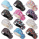 Hercicy 12 Pcs Satin Lined Nurse Caps Adjustable Working Cap with Button and Sweatband Ponytail Surgical Hats for Women Satin Lined Scrubs Nurse Hats for Medical Long Hair Ponytail Pouch Multicolor