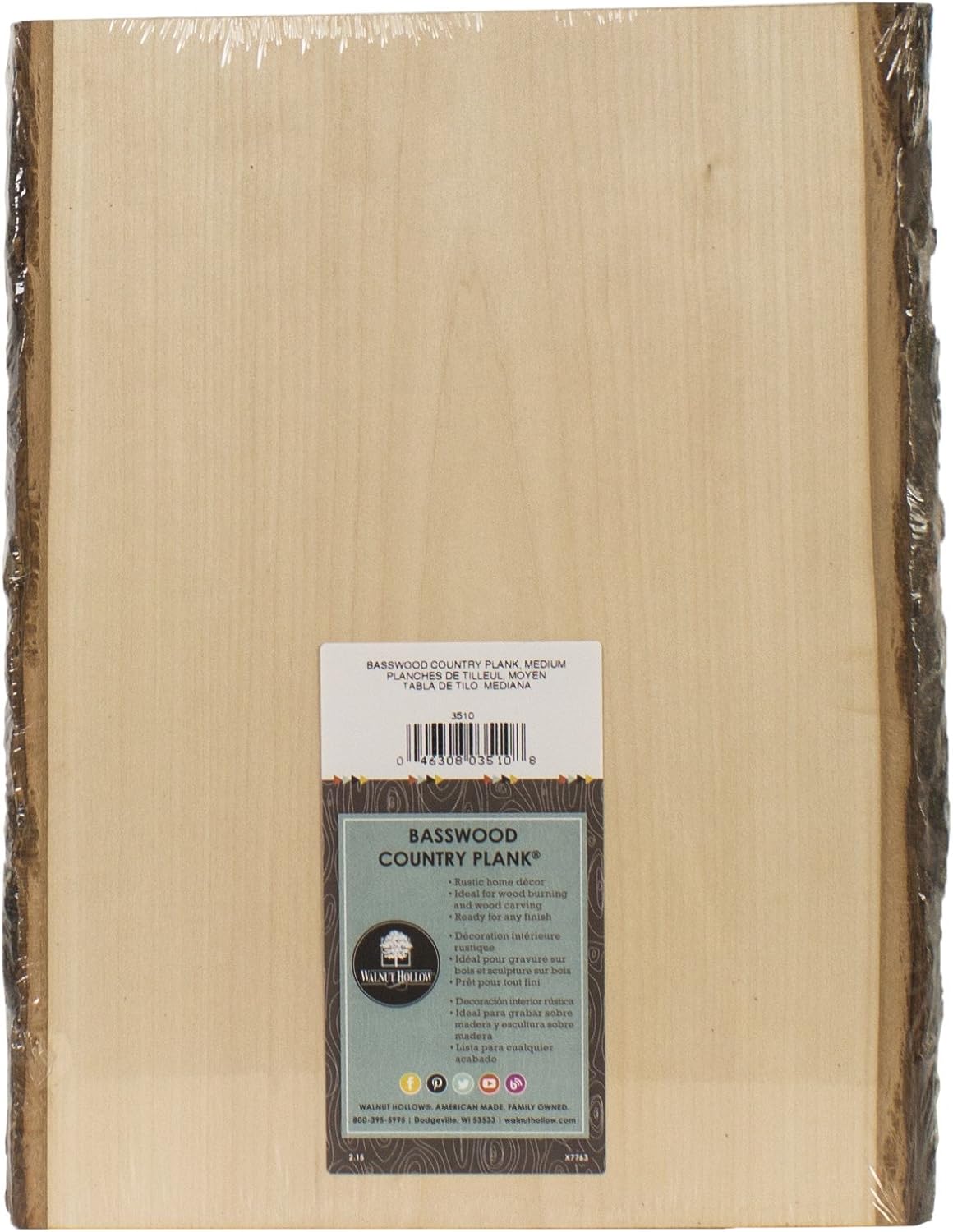 Walnut Hollow Basswood Country Plank Medium with Bark for Woodburning, Home Décor, and Rustic Weddings
