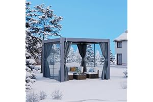 SUNBURY 10'x10' Louvered Pergola, All Aluminum Frame Outdoor Pergola with Adjustable Rainproof Hard Top Curtains & Netting for Patio Garden Backyard (Black)