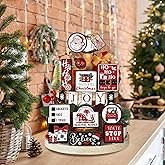 Christmas Tiered Tray Decor 17Pcs, Farmhouse Christmas Table Centerpieces Decor Wooden Sign, Rustic Santa Joy Xmas Ornaments Crafts Set for Kitchen Shelf Fireplace Holiday Party Decor