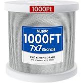 Muzata 1000ft 1/8" T316 Stainless Steel Cable Railing Wire Rope WR02 | Fits 1/8" Cable Railing System, For Both Deck &amp; Stairs, 7&times;7 Strands, 1800 lb Breaking Strength, T316 Marine-grade Material